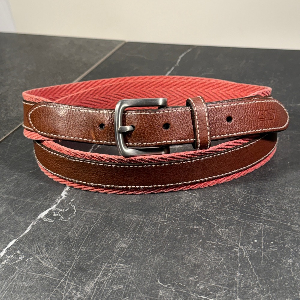 Vineyard Vines Mens Belt | Size 44 | Pink Canvas Brown Leather Brass Buckle